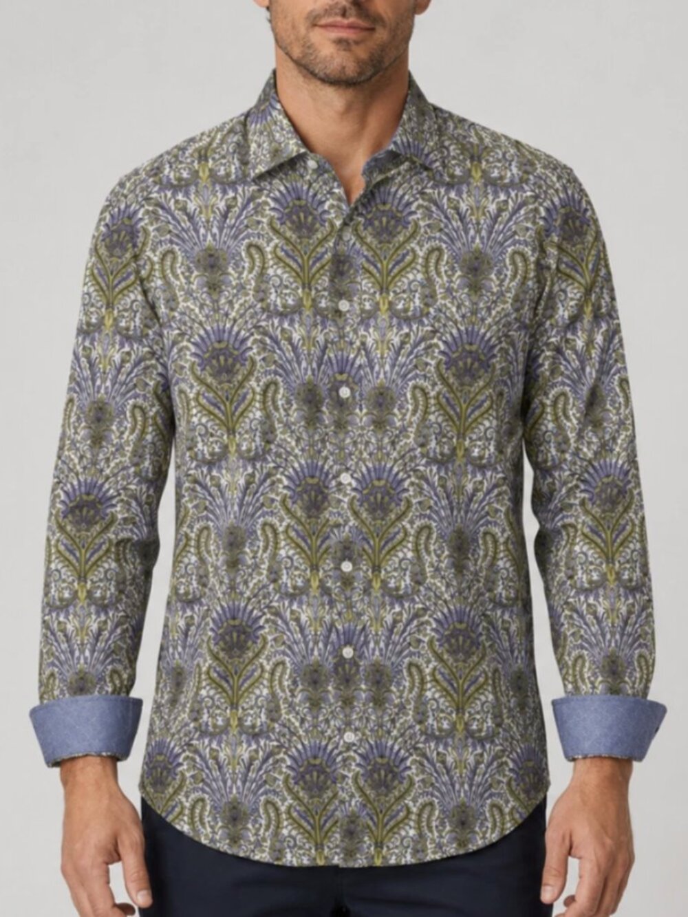 Thomas Dean Mens Large Paisley Button Down Shirt Periwinkle Yellow Cotton Resort